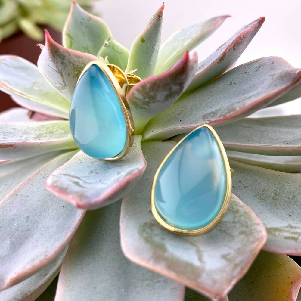 Genuine Sky Blue Agate 18k Gold Plated Teardrop Earring